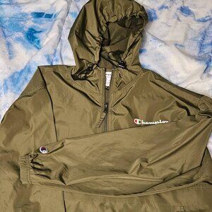 M- Champion Mens Windbreaker Jacket Stadium Packable Wind and Water Res. - Olive